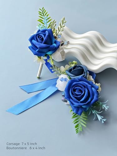 Corsage and Boutonniere Set with Athens Blue Roses for Bride, Groom, Bridesmaids Groomsmen Weddings, Proms, Homecomings. Perfect Party Suit Decor Wedding Flowers Accessories (Athens Blue) - color: Athens Blue