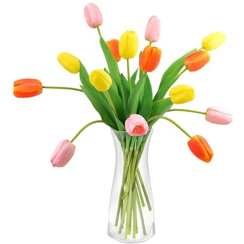 FiveSeasonStuff Real Touch Long Stem Tulips – 15 Artificial Flowers with Foldable Vase (Orange, Yellow, Pink) for Home Décor, Weddings, and Gifts (Festive Blooms) - color: Festive Bloom Long Stems With Vase