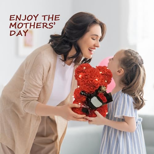 Romantic Valentines Day Gift for Her, Artificial Flowers Bouquet Necklace Rose Teddy Bear with Real Pearl Blind Box Birthday Gift, Valentiness Day Gift for Monther Wife Girl (Red) - color: Red