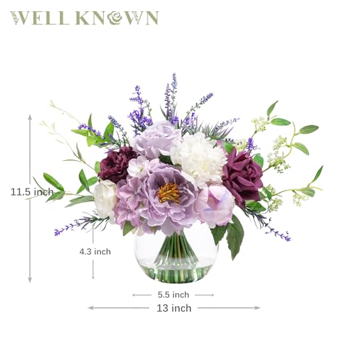 WELL KNOWN Artificial Flowers in Vase, Fake Lavender & Silk Peony Flower Bouquet Centerpieces in Glass Vase with Fake Water for Home Wedding Party Dining Table Decor & Mom's Gift (Purple Mixed Plus) - color: Lavender Purple Mixed Plus