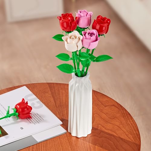 Rose Flower Bouquet Building Set: Artificial Flowers Botanical Collection Blocks Kit for Women Girls Wife Adults Home Decor Thanksgiving Christmas Mother's Day Valentine's Gifts 6-Pack - color: Red & Pink & White