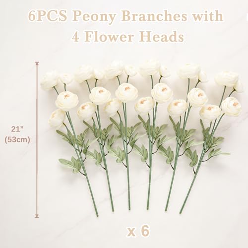 Artificial Silk Peony Fake Flowers,6PCS Artificial Faux Peonies Bulbs with 24 Silk Heads for Indoor Outdoor DIY Bouquets Wedding Centerpieces Home Decoration - color: Ivory