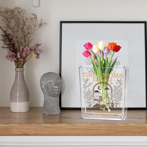 Moms Book Flower Vase Mothers Day Birthday Book Lover Gifts for Mom Mother from Daughter Son Coffee Chaos and Chapters Tired Moms Funny Acrylic Book Shaped Vase Decor for Home Office Table Vase 3804 - style: Casual