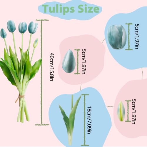 15 Pcs Artificial Flowers Tulips Real Touch Latex Plastic Soft Faux Bouquets for Party, Wedding, Home, Room, Garden Decor (Vintage Blue) - color: Vintage Blue