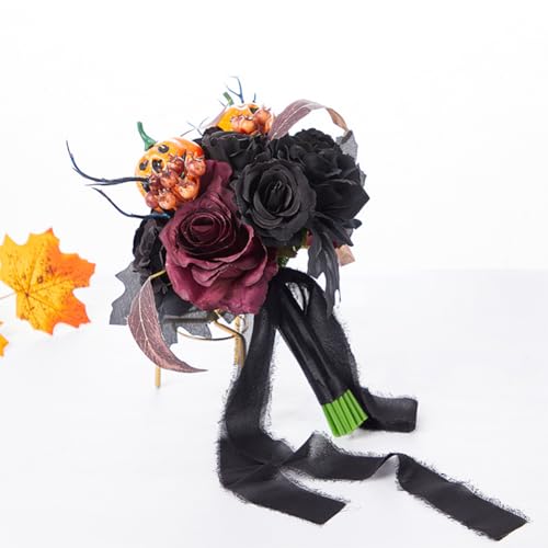Wedding Bouquets - Black & Burgundy, Gothic Style for Bride & Bridesmaid - Artificial Rose Flower Bouquet - color: Rose Pumpkin