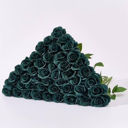 60 PCS Fake Emerald Green Roses Artificial Flowers Bulk Realistic Silk Faux Rose with Stems for Wedding Decoration Anniversary Bridal Bouquet DIY Floral Arrangement Romantic Home Decor Gifts - color: Emerald