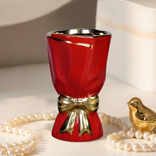 7 Inch Red Ceramic Vase for Centerpiece, Bow Ceramic Vases Home Decor, Small Modern Vase for Office Shelf, Western Desk Decor, Windowsill, Bathroom Counter, Centerpiece Table Decorations - color: Red, size: 7 inch