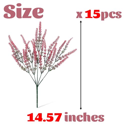 15 Bundles Artificial Lavender Outdoor Flowers Fake Plastic Flower Outside UV Resistant for Home Kitchen Garden Patio Porch Wedding Window Box Centerpieces Indoor Outdoor Decor(Red) - color: Red