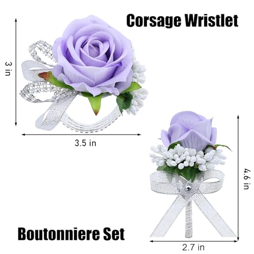 2Pcs Light Purple Rose Corsage and Boutonniere Set, Artificial Wrist Corsage Wristlet Bracelets, Men Boutonniere for Wedding Anniversary Party Homecoming Flowers Accessories Prom Decor - color: Light Purple