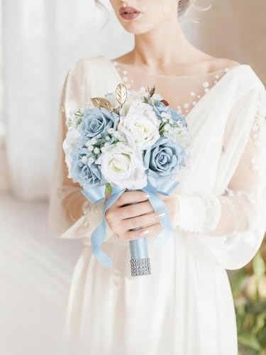 Wedding Bouquets for Bride & Bridesmaid, 9 Inch Artificial Rose Bridal Bouquet, Ivory White & Blue Silk Flowers for Wedding Ceremony, Church, Party Decoration (White Blue) - color: White Blue