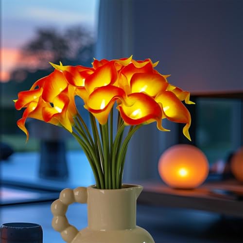 LED Lighted Artificial Flowers Calla Lily Bouquet Lamp 20 stems Real Touch Calla Faux Flower Lights for Valentine's Day Gift and Easter Home Kitchen Wedding Dining Table Decor(Orange, No Vase) - color: Orange