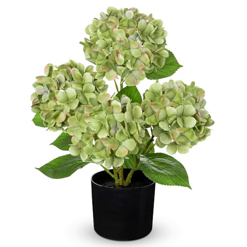 Hollyone Green Hydrangea Artificial Flowers in Pots 19.7" Four-Head Faux Silk Hydranges Flower Arrangements for Indoor Home Office Kitchen Table Centerpieces Wedding Decorations - color: Green, size: 4 Head Hydrangea