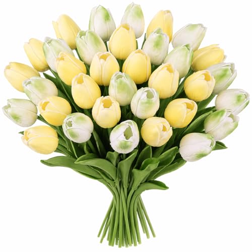 MACTING 30 PCS Artificial Tulip Flowers 13.7" Real Touch Fake Flowers Faux PU Tulips for Floral Arrangement Table Centerpieces Kitchen Home Indoor Mothers Day Summer Decorations,Mix Green - color: Mix Green