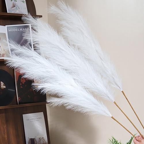 Premium Faux White Pampas Grass Decor 8pcs 43.3″ – Pure Cream Tall Fluffy Pampa Feather Flowers, No Assembly 18-Branch One-Piece Stems for Wedding Boho & Minimalist Home Decor, Floor Vase Arrangement - color: Faux White, size: 8pcs 43.3"(110cm)