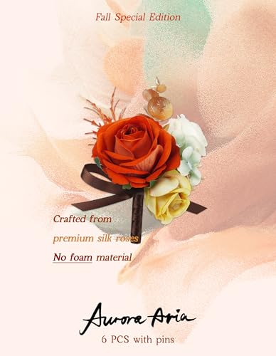 AuroraAria Burnt Orange Boutonniere for Men,Set of 6,Groom Boutonniere for Wedding,Anniversary,Homecoming,Formal Dinner Party,Wedding Decor,Artificial Silk Rose - color: Burnt Orange