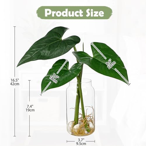 Oairse Artificial Tropical Plant in Glass Vase with Faux Water & Pebble - 16.5" Fake Plants in Vase Taro Leaves Stem Fake Palm Monstera Greenery for Home Indoor Centerpiece Farmhouse Decor - color: Taro Leaves