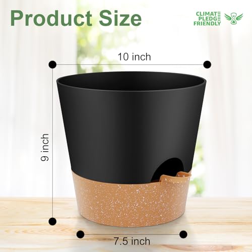 YNNICO 10-Inch Plant Pots, Self-Watering Planters with Drainage Holes & Saucers for Indoor and Outdoor Plants (2-Pack, Black) - color: Black, size: 10 inch