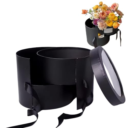 BBJ WRAPS Flower Box with Lid for Arrangements, Double Layers Rotating Drawer Luxury Round Flower Bouquet Gift Boxes Packaging, 1 Set, 7.5"(D) x 6.5"(H) (Black) - color: Black Round