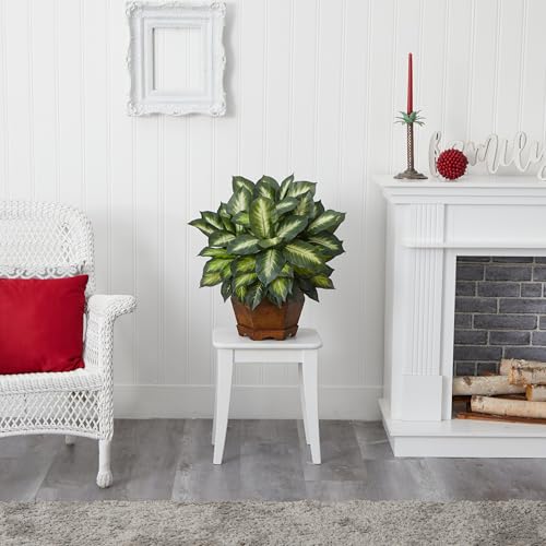 Nearly Natural 24in Artificial Dieffenbachia Silk Plant with Modern Hexagon Planter, Maintenance-Free Indoor Faux Greenery for Room Decor