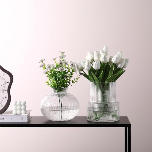 Ribbed Glass Vases, Set of 2 Fluted Vases for Flowers, Clear Glass Vase for Tulips, Modern Vase for Living Room, Kitchen, Office, Entryway, Mantle, Bookshelf, Wedding Gifts, Birthday - color: Clear, size: Ribbed + Round (2-Pack)