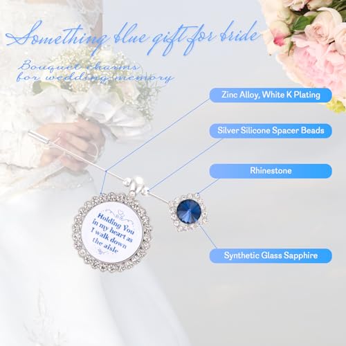 Something Blue Gift for Bride Bouquet Charms for Wedding Memory, Bridal Shower Gifts from Mom,Rhinestone Artificial Sapphire Wedding Gifts Bouquet Dress Pin with Touching Saying - style: Holding You (WhiteK)
