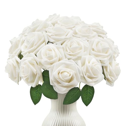 25Pcs Artificial Flowers Foam Fake Roses Ivory White with Stems,for DIY Wedding Bouquets White Bridal Shower Centerpieces Arrangements Party Tables Decorations and Home Decorations - color: 25-ivory