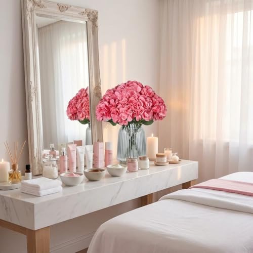 2Bouquets Artificial Fake Flowers Silk Hydrangea Arrangements Wedding Bouquets Decorations Plastic Floral Home Kitchen Garden Party Festival Bar DIY(Dark Pink) - color: Dark Pink,5flower Heads