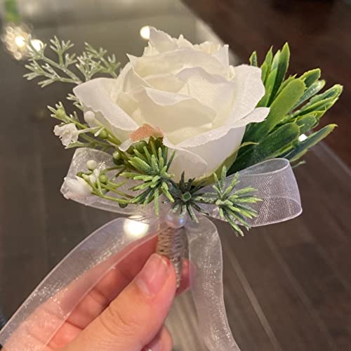 Rose Corsage and Boutonniere Set, 2PCS Handmade Artificial Flower Bride Wrist Corsage Wristlet Bracelets Wristband Men Boutonniere for Wedding Prom Suit Decorations (A-1 Boutonniere & 1 Wrist Corsage) - color: A-1 Boutonniere & 1 Wrist Corsage