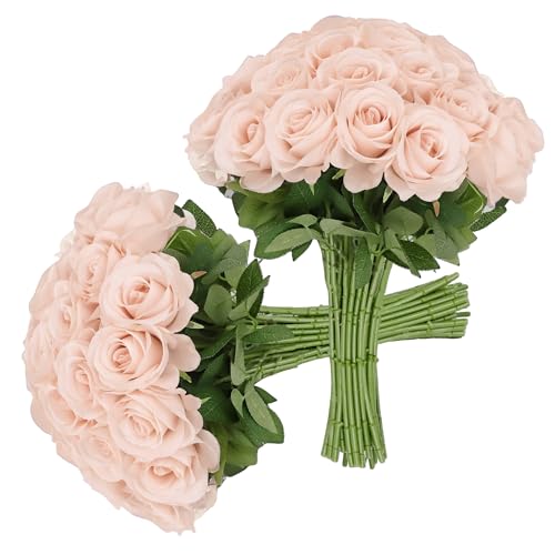 JUSMAI 30pcs Roses Artificial Flowers Pink Fake Roses Flowers with Long Stems Silk Flowers for Wedding Bouquet Centerpices Decorations Party Bridal Baby Shower Home Decor - color: Blush, size: 30PCS