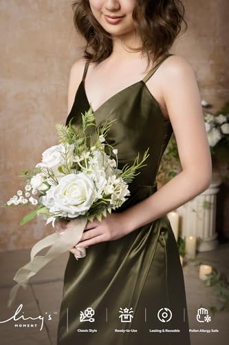 Ling's moment Lily White Artificial Wedding Flower Bouquets for Bridesmaids Floral Bouquet 7 Inch Bridesmaid Bouquets with Ribbon Ceremony Anniversary,7-inch Diameter - color: Wht-lily of the Valley White