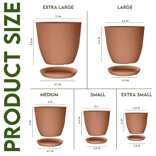 Utopia Home - Plastic Terracotta Pots with Drainage - 7/6.6/6/5.3/4.8 Inches Flower Pots for Indoor Planter - Pack of 5 Plastic Planters, Cactus, Succulents Pot - color: Terracotta, size: Pack of 5