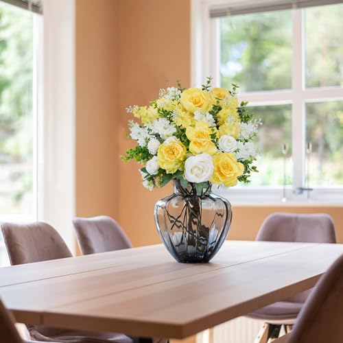 HUAESIN 6Pcs Peonies Artificial Flowers Silk Rose Bouquets Yellow White Faux Floral Arrangements for Indoor Vase Home Table Centerpieces Wedding Outdoor Cemetry Flowers