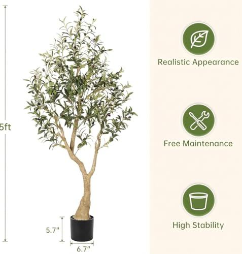 Realead Artificial Olive Tree 5FT - Realistic Faux Olive Tree Plants with Thick Trunk and Lifelike Fruits - Large Fake Olive Trees for Home Office Living Room Floor Decor Indoor - size: 5ft