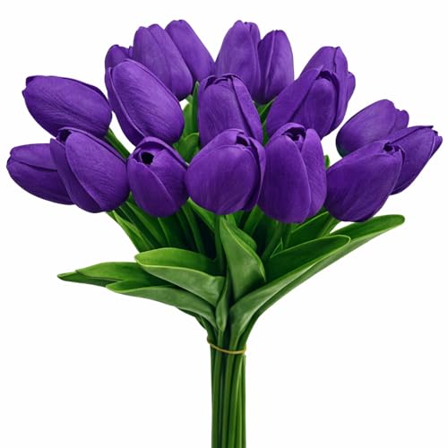 20 Pcs Tulips Artificial Flowers, 13.5'' Real Touch PU Fake Flowers Bouquet for Home Party, Spring Wedding Floral Arrangement, Valentine's, Easter and Mother's Day Decor (Purple) - color: Purple