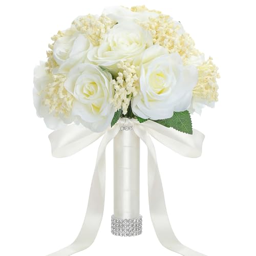 Janinka 10 Inch Large Wedding Bouquets for Bride Bridesmaid Artificial Rose Flowers Paired with Silk Ribbon and Rhinestones Bridesmaid Bouquet for Proposal Party Church Decoration(Milky White,Rose) - color: Milky White, style: Rose