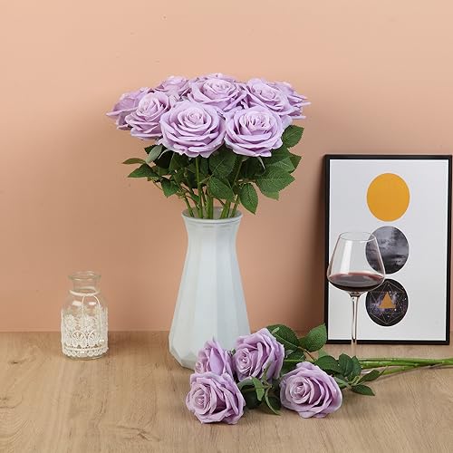 15pcs Fake Roses Artificial Silk Flowers Faux Rose Flower Long Stems Bouquet for Arrangement Wedding Centerpiece Party Home Kitchen Decor - color: Lilac