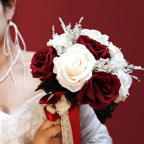 9 Inch Burgundy Wedding Bouquets for Bride Bridesmaid, Dark Red White Champagne Artificial Fake Roses Flowers Bridal Bouquet Winter Fall Boho Rustic Wedding Decoration Toss Bouquet Prom - color: Burgundy Red