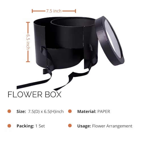 BBJ WRAPS Flower Box with Lid for Arrangements, Double Layers Rotating Drawer Luxury Round Flower Bouquet Gift Boxes Packaging, 1 Set, 7.5"(D) x 6.5"(H) (Black) - color: Black Round