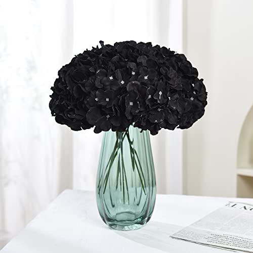 10PCS Silk Hydrangea Heads with Stems Artificial Flowers for Wedding Party Home Decor (Black) - color: Black