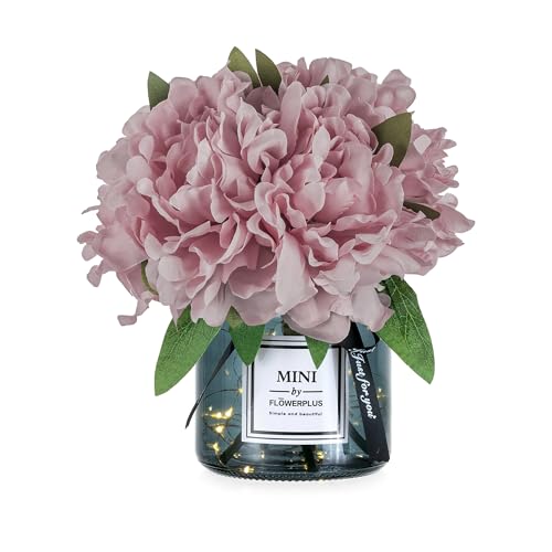 BLOSMON Pink Artificial Flowers in Vase: Fake Hydrangea with Gray Vase LED Light for Table Centerpieces Decor - Small Faux Arrangements Desk Vanity Bathroom Office Decoration (8.2" Height) - color: Pink