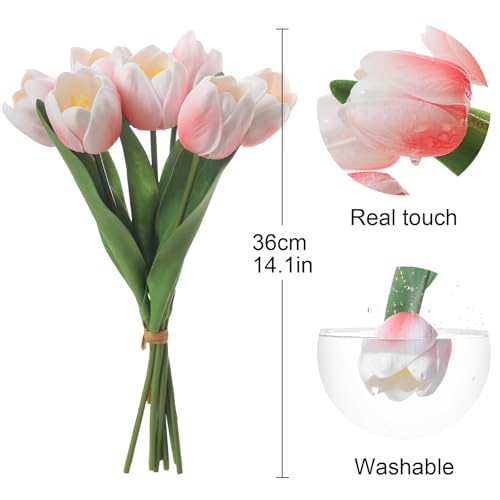 Light Pink Artificial Tulips, 2 Bundles 14Pcs, Fake Tulips Artificial Flowers, 2 x 2.4 Inch Large Flower Head Big Tulip, Easter Valentine's Day Mother's Day Home Decoration Flowers - color: Light Pink