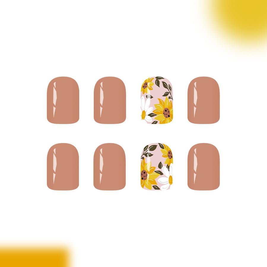 Brown Flower Press on Nails Short Square Fake Nails with Yellow Cute Daisy Sunflower Fall Designs Glossy Acrylic Kit Simple Stick on False Nails for Women Girls 24Pcs