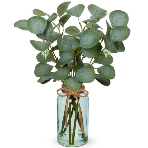 Briful Artificial Eucalyptus Stems in Blue Glass Vase with Faux Water, 14" Fake Plant Eucalyptus Leaves for Home Farmhouse Wedding Centerpiece Bathroom Décor - color: Blue