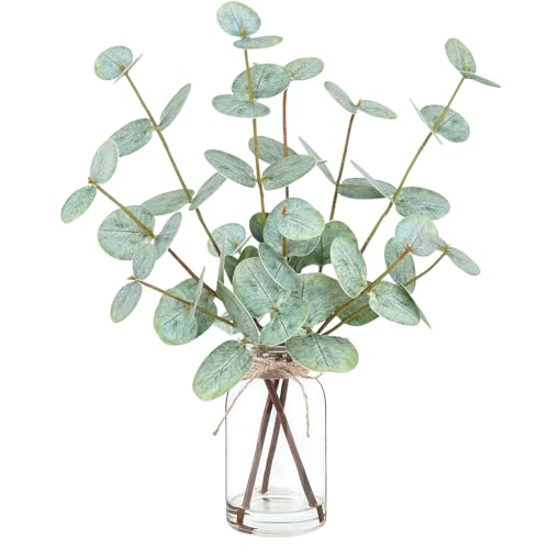 Artificial Eucalyptus Stems in Glass Vase with Faux Water,Artificial Plants Eucalyptus Leaves for Shelf Desk Bathroom Farmhouse Room Coffee Table Home Decor, Central Decoration. - color: Eucalyptus Leaves 1