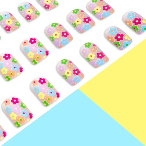 Flower Press on Nails Short Square Fake Nails Nude False Nails with Cute Colorful Flowers Designs Full Cover Stick on Nails Glue on Nails Nails Acrylic Nails for Women Girls 24 Pcs - color: Flower Square36