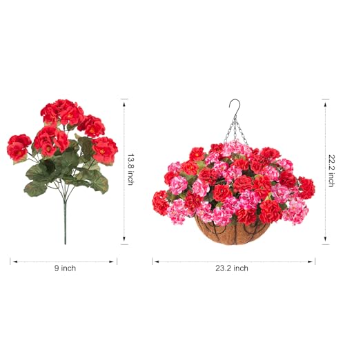 INSPRING Geraniums Artificial Flowers Hanging Basket for Outdoors Outside Spring Decoration, 8 Bundles Silk Flowers Fake Plants Look Real UV Resistant for Porch Home Patio Balcony Yard, Red Pink - color: Red Pink
