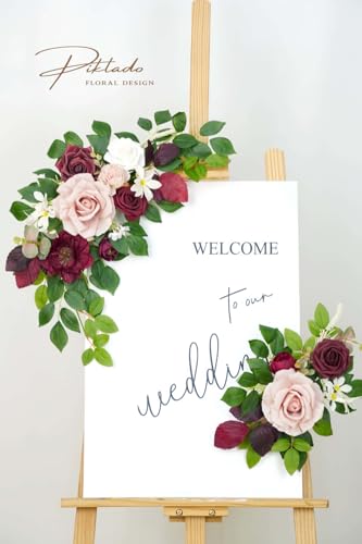Wedding Decor (Pack of 2) Welcome Sign Flower Backdrop Garland for Ceremony Reception Wall Easel Home Decoration Entryway Faux Outdoor Board Head Table Decor (Burgundy & Dusty Rose) - color: Burgundy & Dusty Rose
