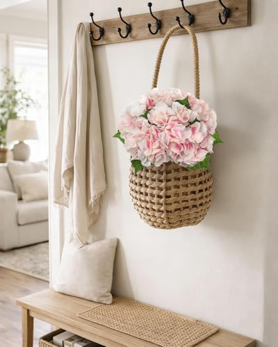 Hollyone Light Pink Hydrangea Artificial Flowers 6pcs Large Real Touch Faux Hydrangeas Silk Flowers Bouquets Fake Flower with Stems for Home Decor Indoor Wedding Kitchen Centerpiece Table Decorations - color: Pink & White