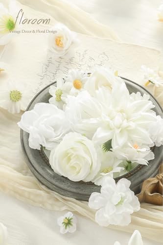 Floroom Mini Artificial Flower Heads Ivory & White Fake Peony Daisy Rose Multicolor Small Faux Silk Flower Heads for Cake Craft Garland Wedding Party Graduation Cap DIY Home Decoration, 0.8"-3.6" - color: Elegant Ivory & White