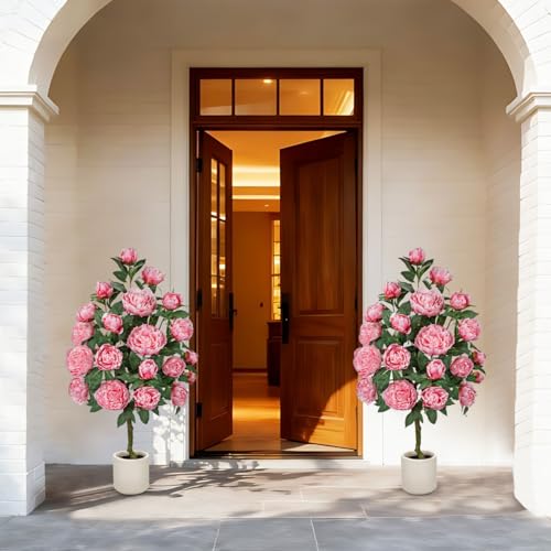 Hollyone Pink Fake Peonies Tree 4FT Peonies Artificial Flowers Tree in Pot Faux Peony Plants & Flowers in Planter Greenery Potted Plant Indoor Outdoor Front Door Porch Home Decor - color: 4ft - Pink